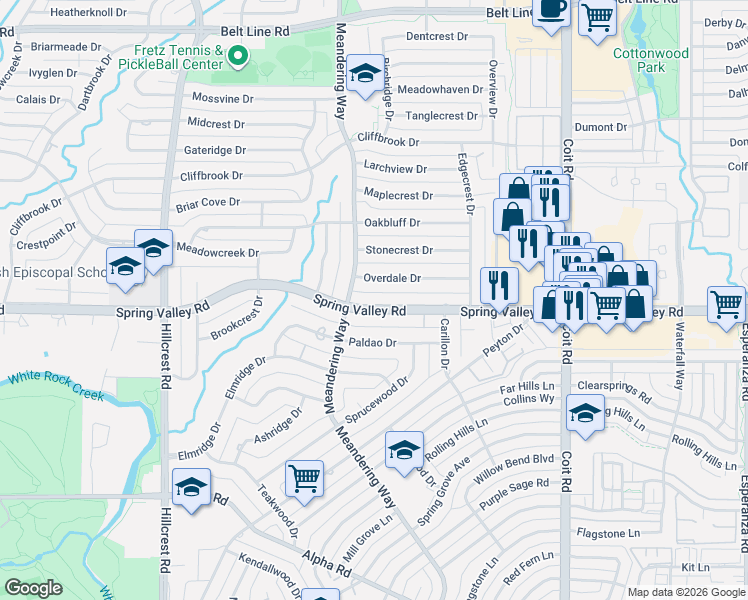map of restaurants, bars, coffee shops, grocery stores, and more near 7327 Spring Valley Road in Dallas