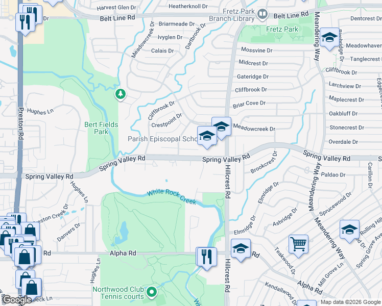 map of restaurants, bars, coffee shops, grocery stores, and more near 6719 Spring Valley Road in Dallas