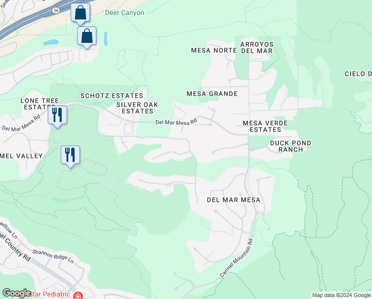 map of restaurants, bars, coffee shops, grocery stores, and more near 5585 Meadows Del Mar in San Diego
