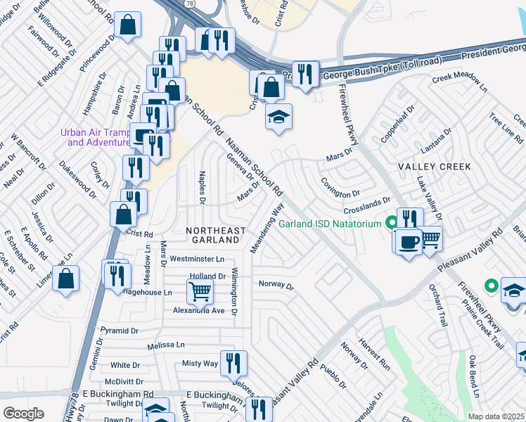 map of restaurants, bars, coffee shops, grocery stores, and more near 2722 Roman Way in Garland