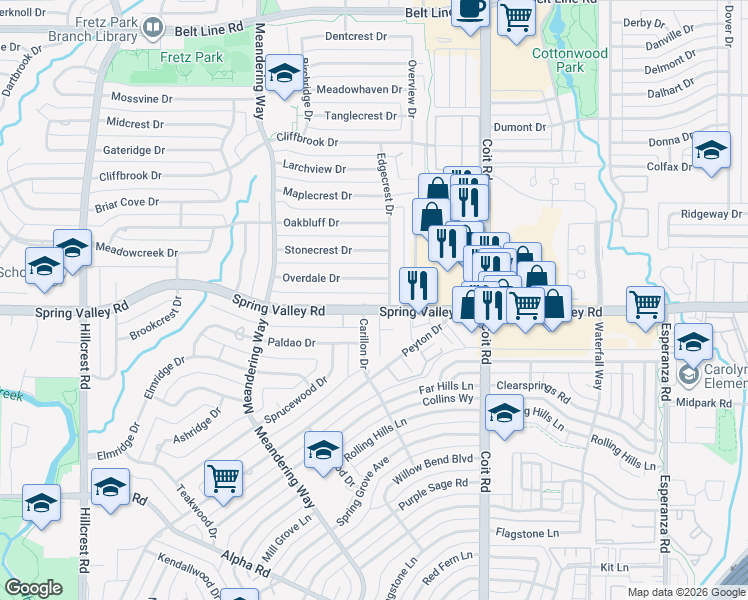 map of restaurants, bars, coffee shops, grocery stores, and more near 7609 Spring Valley Road in Dallas