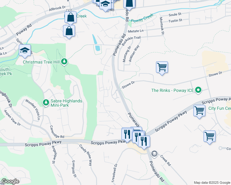 map of restaurants, bars, coffee shops, grocery stores, and more near Valencia Way in Poway