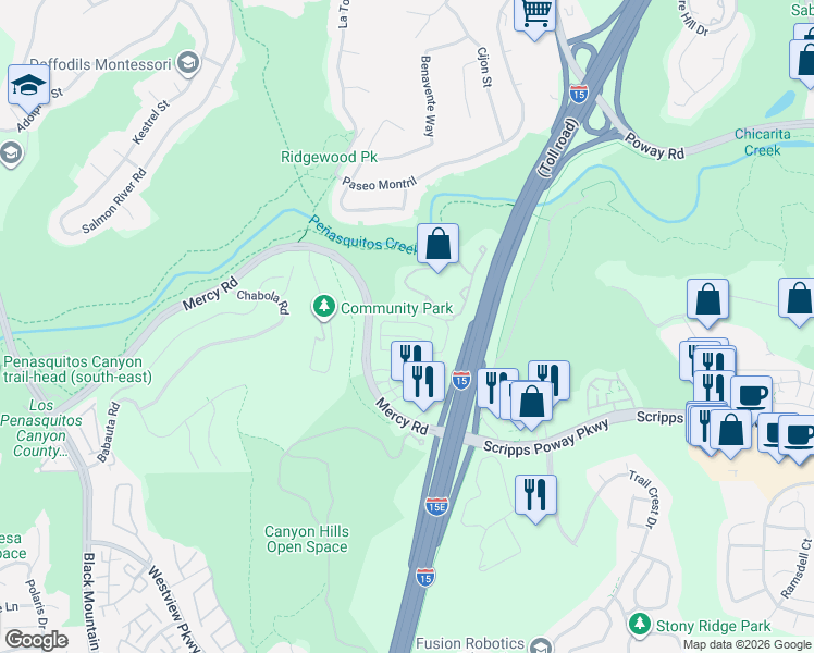 map of restaurants, bars, coffee shops, grocery stores, and more near 10045 Kika Court in San Diego