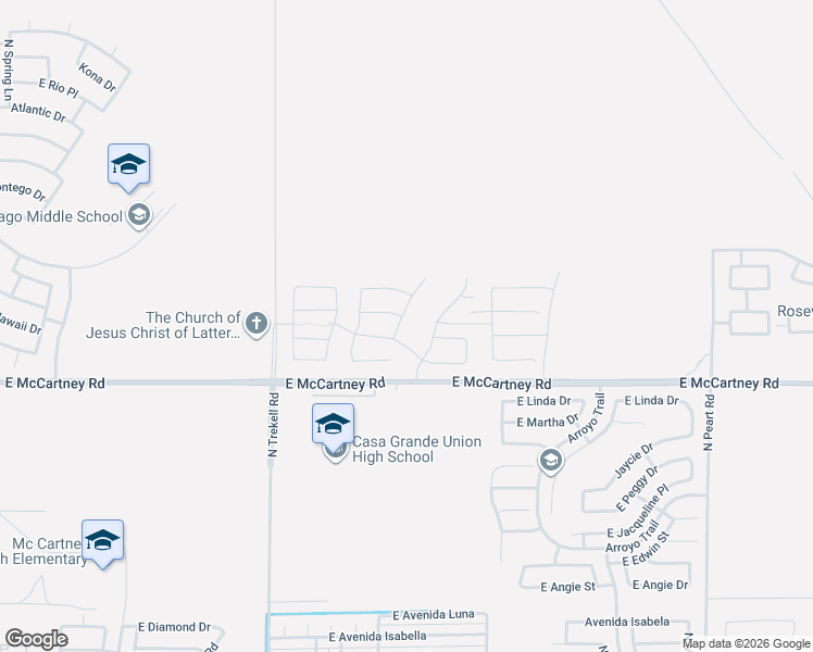 map of restaurants, bars, coffee shops, grocery stores, and more near 8467 East McCartney Road in Casa Grande