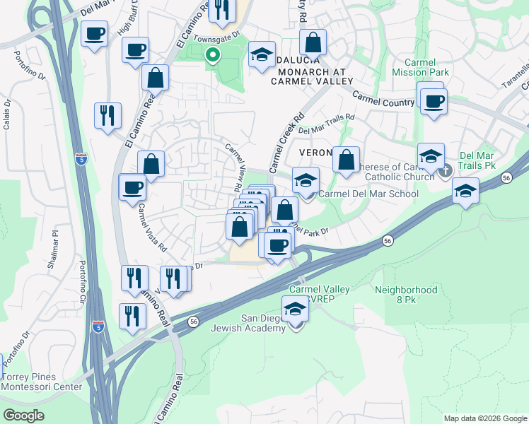 map of restaurants, bars, coffee shops, grocery stores, and more near 3763 Carmel View Road in San Diego