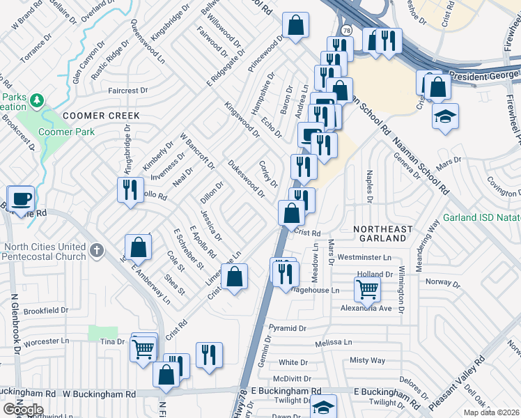 map of restaurants, bars, coffee shops, grocery stores, and more near 333 Stillmeadow Drive in Garland