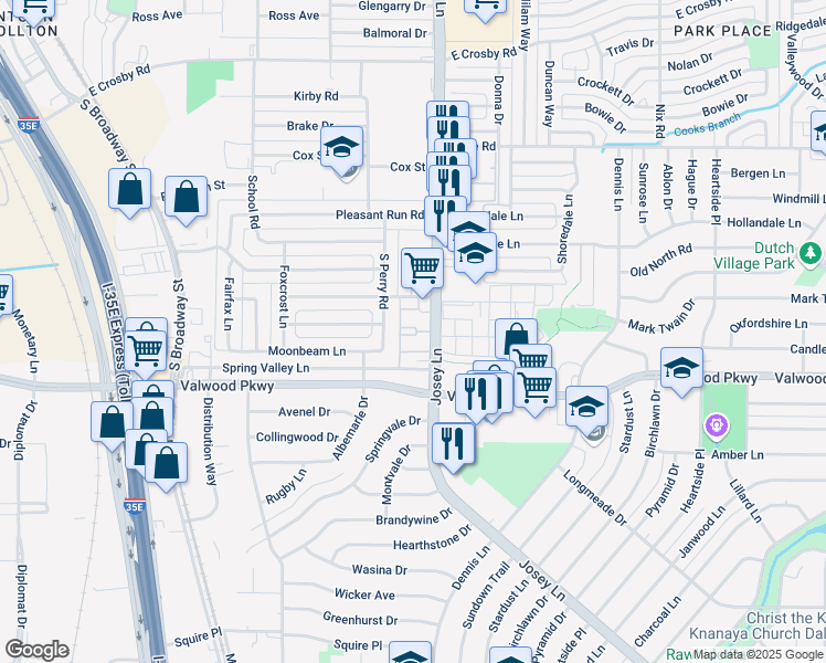 map of restaurants, bars, coffee shops, grocery stores, and more near 10 Josey Lane in Farmers Branch