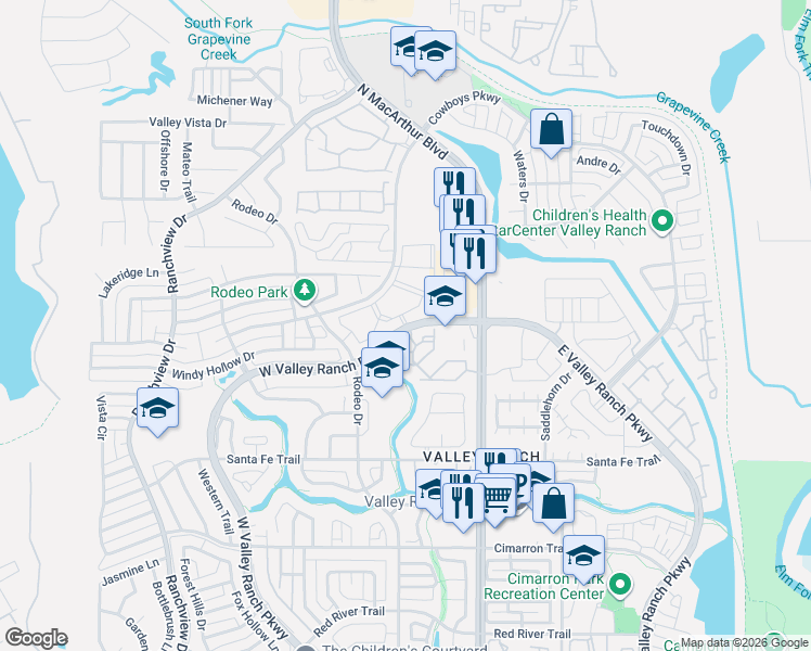 map of restaurants, bars, coffee shops, grocery stores, and more near 9835 Valley Ranch Parkway West in Irving