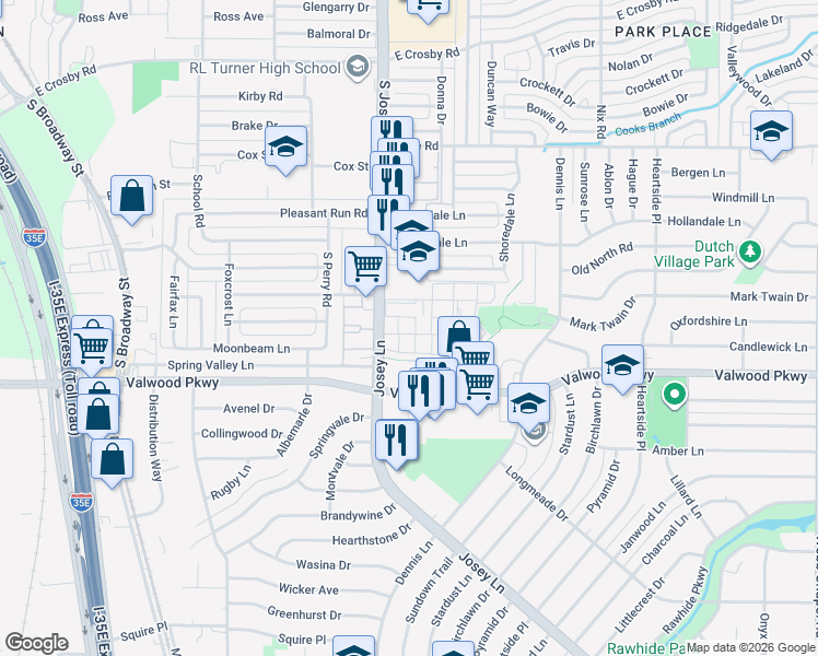 map of restaurants, bars, coffee shops, grocery stores, and more near 14222 Heritage Circle in Farmers Branch