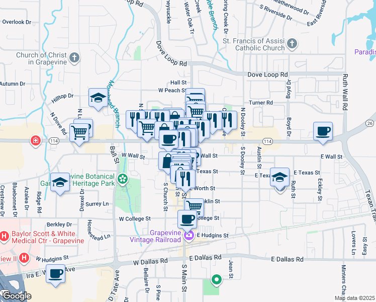 map of restaurants, bars, coffee shops, grocery stores, and more near in Grapevine
