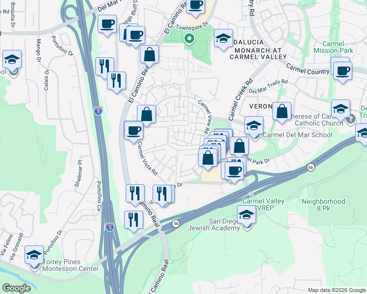map of restaurants, bars, coffee shops, grocery stores, and more near 12207 Caminito Mira Del Mar in San Diego