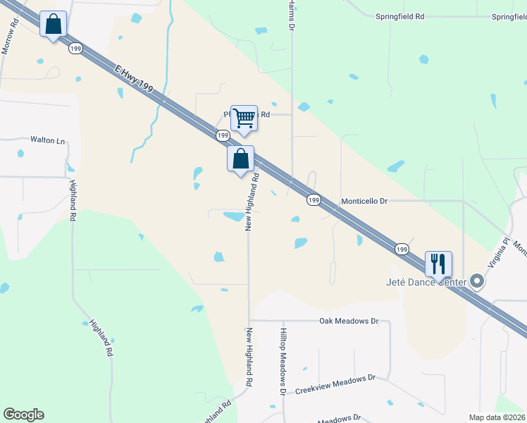 map of restaurants, bars, coffee shops, grocery stores, and more near 303 New Highland Road in Springtown