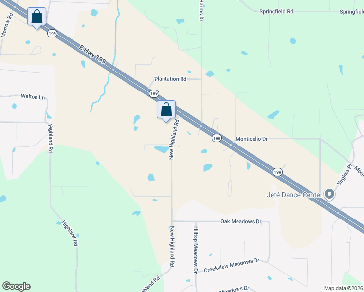 map of restaurants, bars, coffee shops, grocery stores, and more near 177 New Highland Road in Springtown