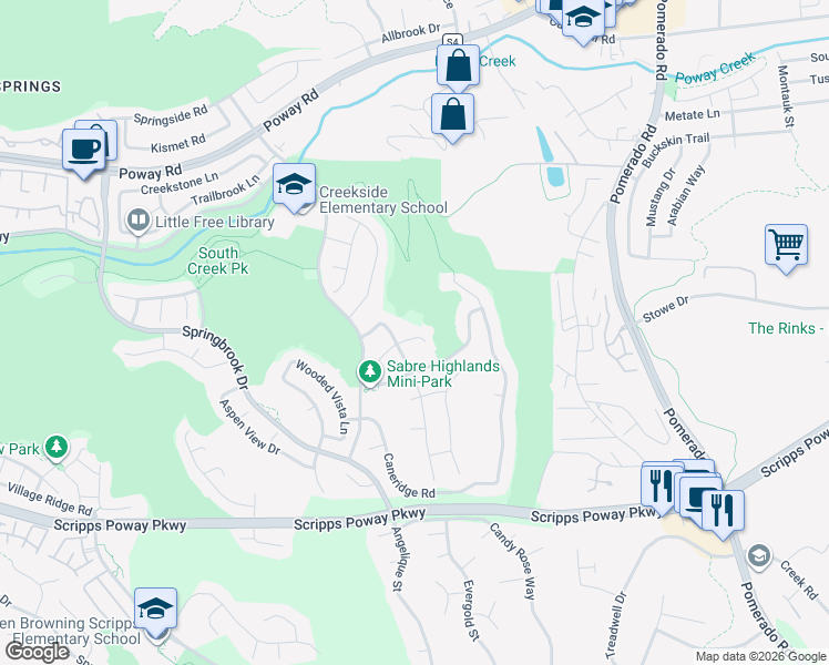 map of restaurants, bars, coffee shops, grocery stores, and more near 12035 Halfoak Terrace in San Diego