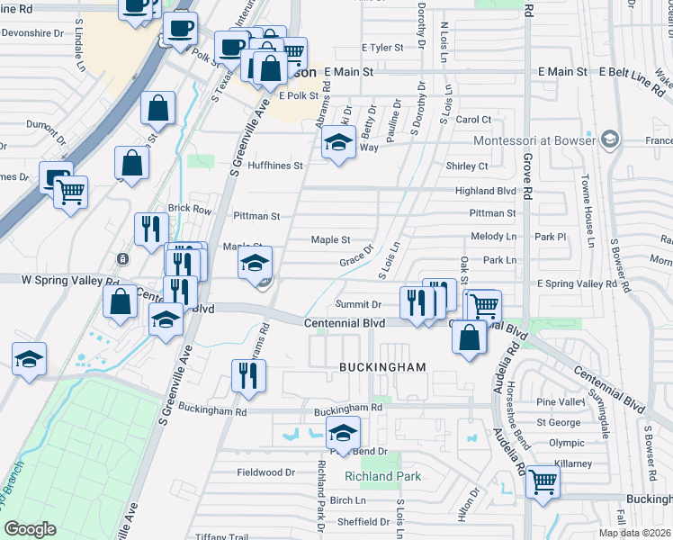 map of restaurants, bars, coffee shops, grocery stores, and more near 402 Summit Drive in Richardson