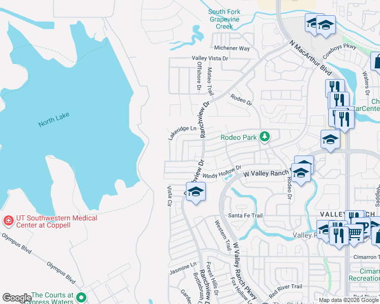 map of restaurants, bars, coffee shops, grocery stores, and more near 9700 Raven Lane in Irving