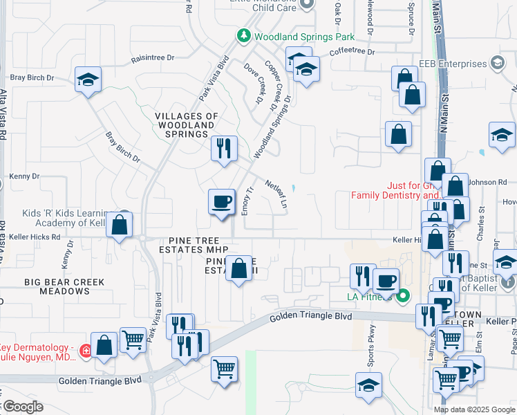 map of restaurants, bars, coffee shops, grocery stores, and more near 11524 Emory Tr in Fort Worth
