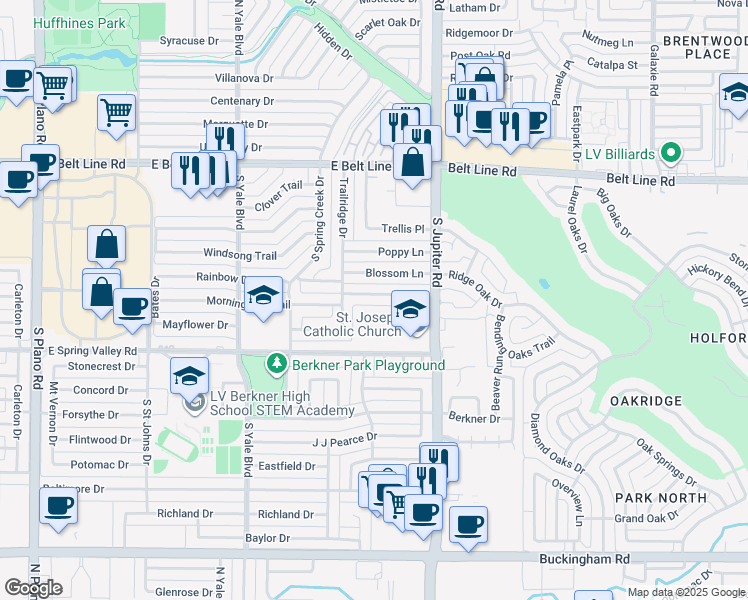 map of restaurants, bars, coffee shops, grocery stores, and more near 2110 Sunrise Trail in Richardson