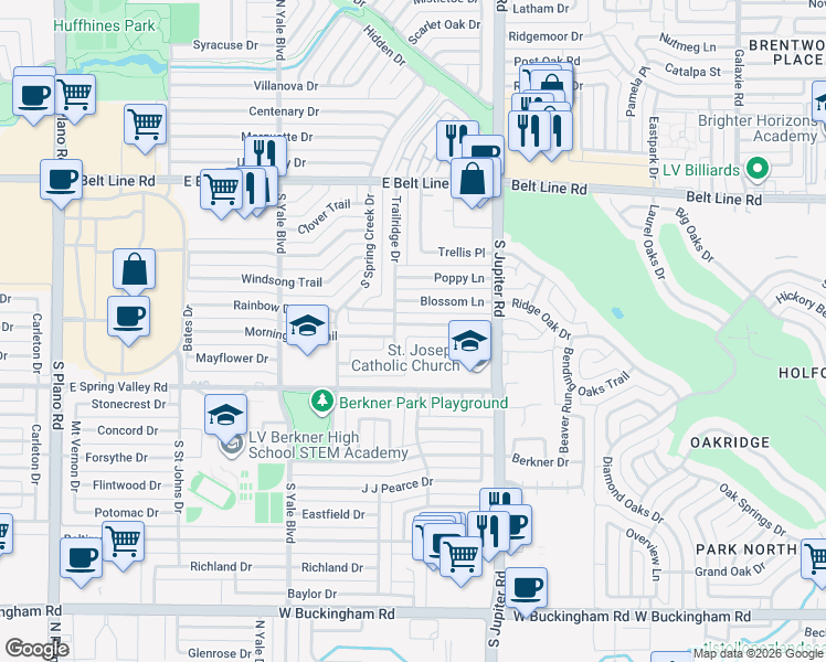 map of restaurants, bars, coffee shops, grocery stores, and more near 2110 Sunrise Trail in Richardson
