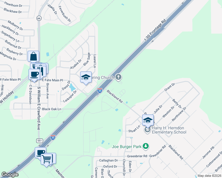 map of restaurants, bars, coffee shops, grocery stores, and more near 185 Blackland Road in Royse City
