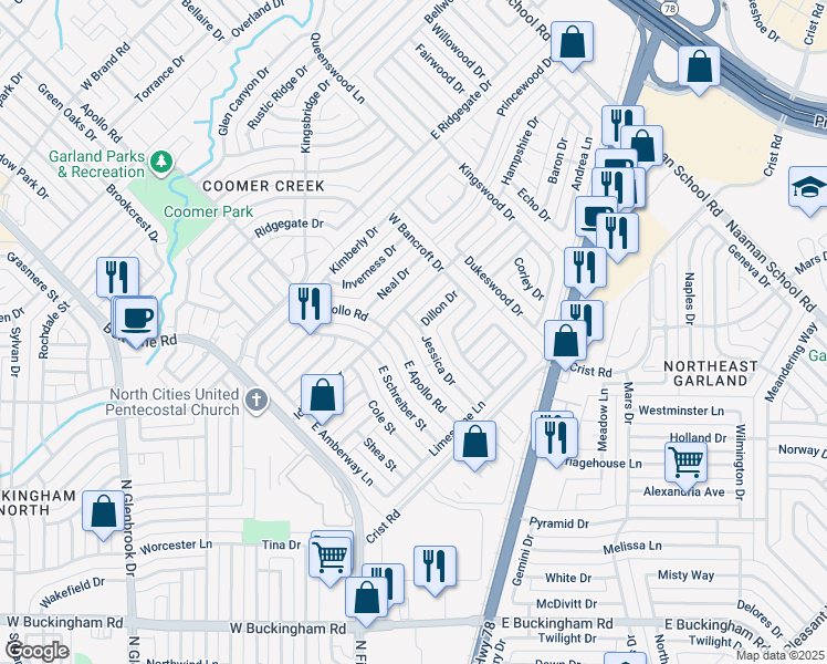 map of restaurants, bars, coffee shops, grocery stores, and more near 114 Jessica Drive in Garland