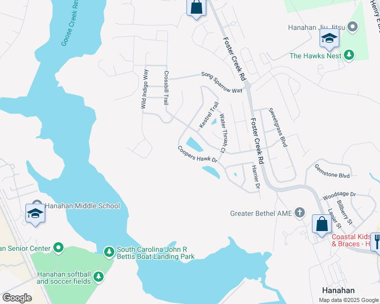 map of restaurants, bars, coffee shops, grocery stores, and more near 1466 Coopers Hawk Drive in Hanahan