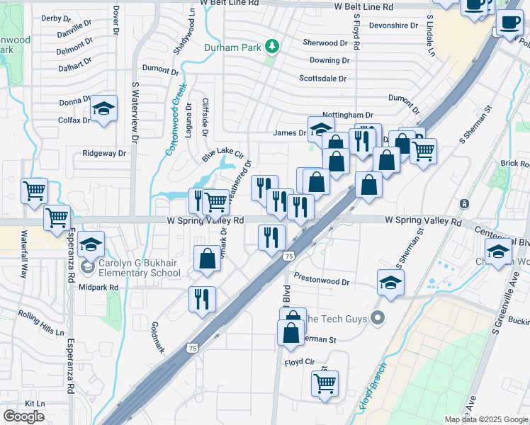 map of restaurants, bars, coffee shops, grocery stores, and more near 8832-8852 West Spring Valley Road in Richardson