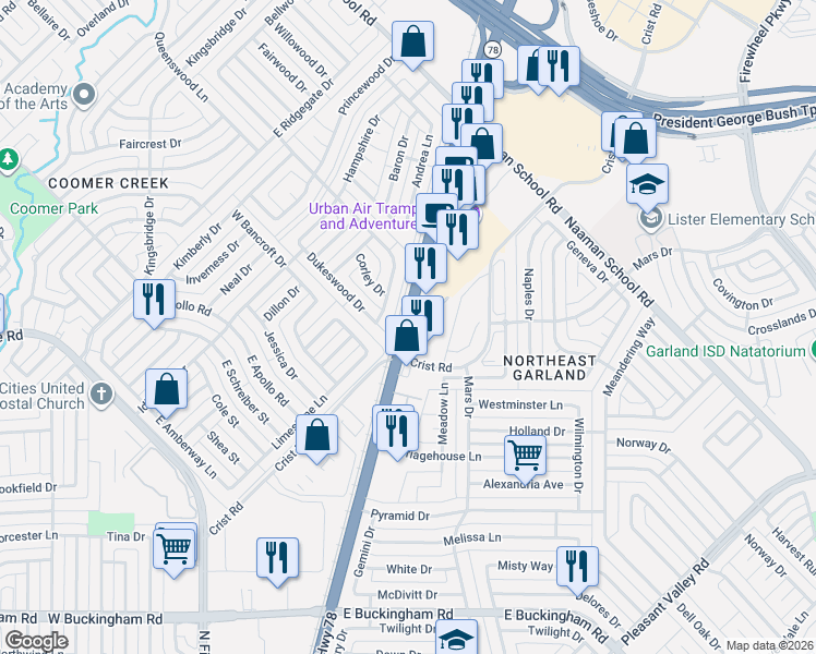 map of restaurants, bars, coffee shops, grocery stores, and more near 2600 Foster Road in Garland