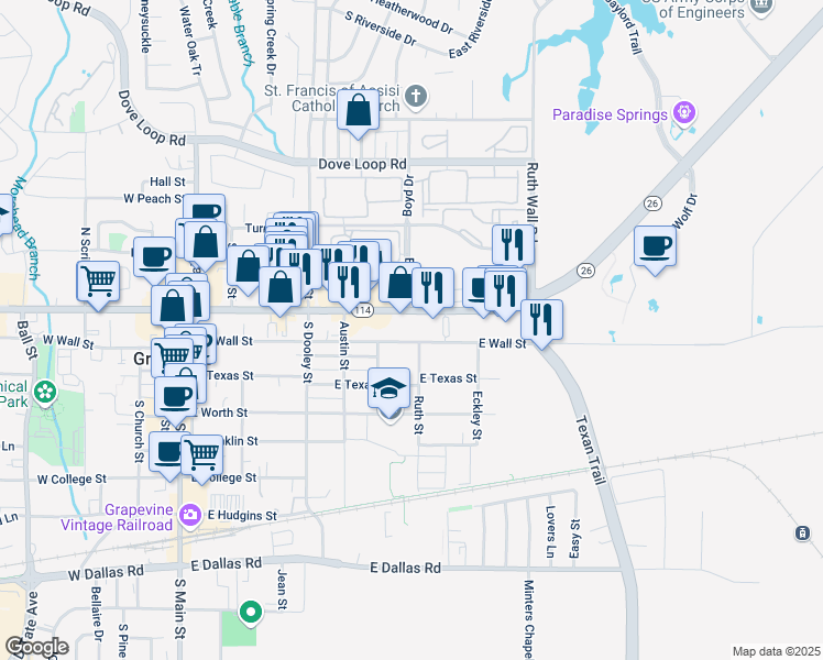 map of restaurants, bars, coffee shops, grocery stores, and more near 727 East Wall Street in Grapevine