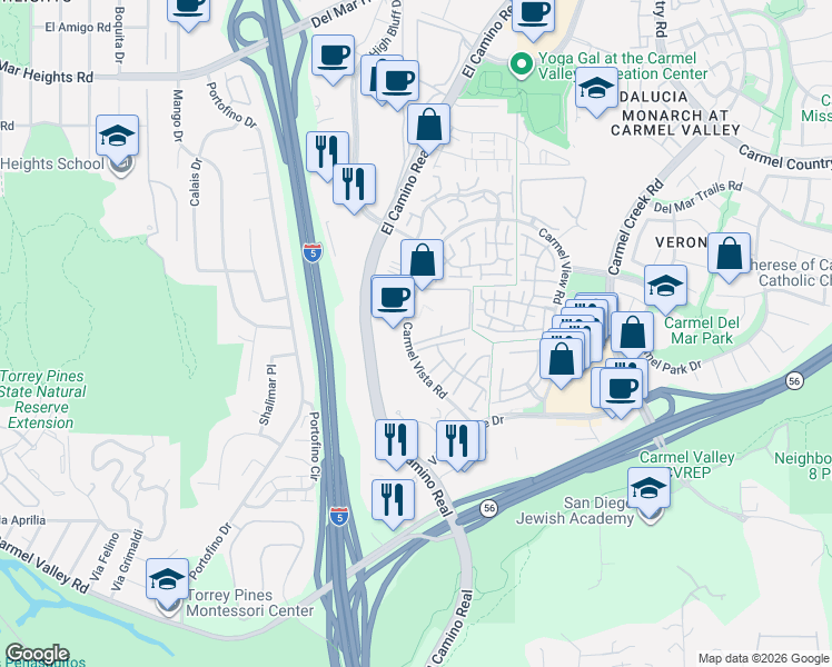 map of restaurants, bars, coffee shops, grocery stores, and more near 12205 Carmel Vista Road in San Diego