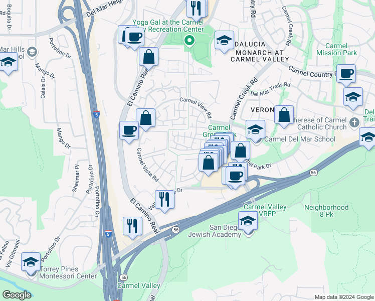 map of restaurants, bars, coffee shops, grocery stores, and more near 12221 Caminito Mira Del Mar in San Diego