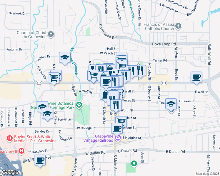 map of restaurants, bars, coffee shops, grocery stores, and more near in Grapevine