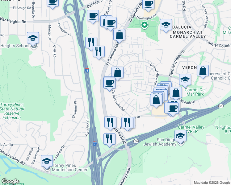 map of restaurants, bars, coffee shops, grocery stores, and more near 12205 Carmel Vista Road in San Diego