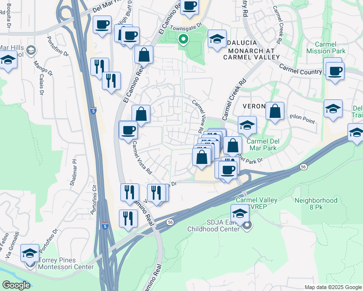 map of restaurants, bars, coffee shops, grocery stores, and more near 12307 Caminito Mira Del Mar in San Diego