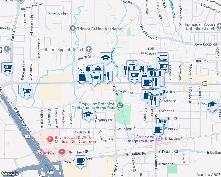 map of restaurants, bars, coffee shops, grocery stores, and more near 807 West Wall Street in Grapevine
