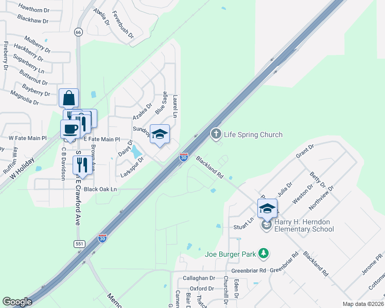 map of restaurants, bars, coffee shops, grocery stores, and more near 990 Blackland Road in Royse City