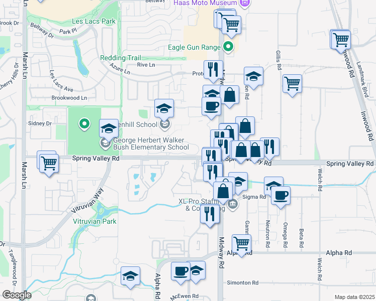 map of restaurants, bars, coffee shops, grocery stores, and more near 1 Hornet Road in Addison