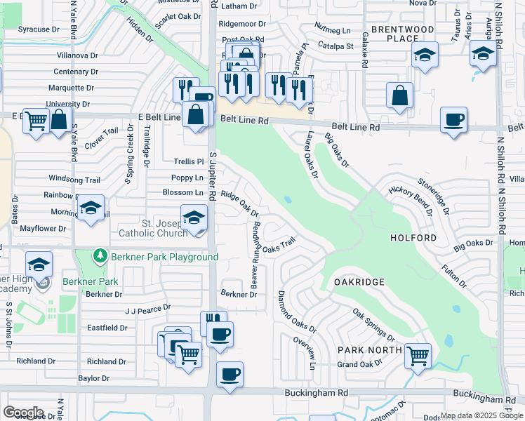 map of restaurants, bars, coffee shops, grocery stores, and more near 3302 Ridge Oak Drive in Garland