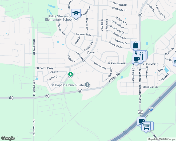 map of restaurants, bars, coffee shops, grocery stores, and more near 826 Cauble Drive in Rockwall