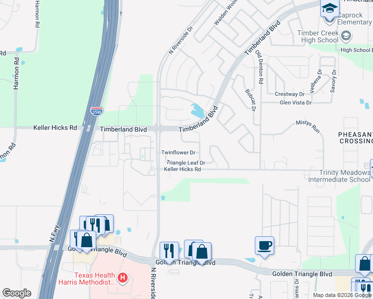 map of restaurants, bars, coffee shops, grocery stores, and more near 2701 Twinflower Drive in Keller