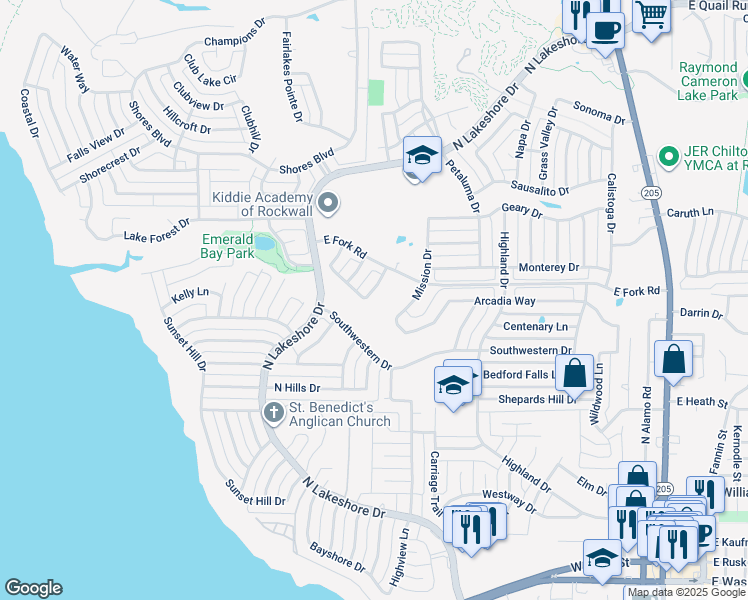 map of restaurants, bars, coffee shops, grocery stores, and more near 670 Bryn Mahr Lane in Rockwall