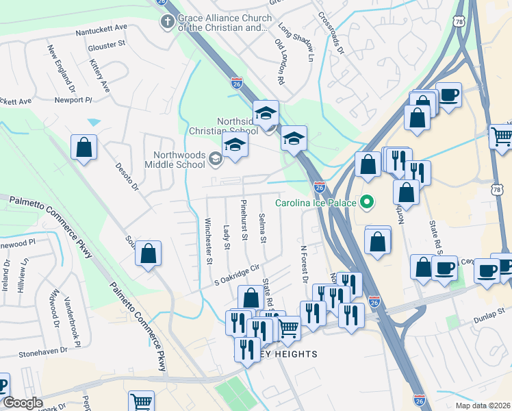 map of restaurants, bars, coffee shops, grocery stores, and more near 7631 Selma Street in North Charleston