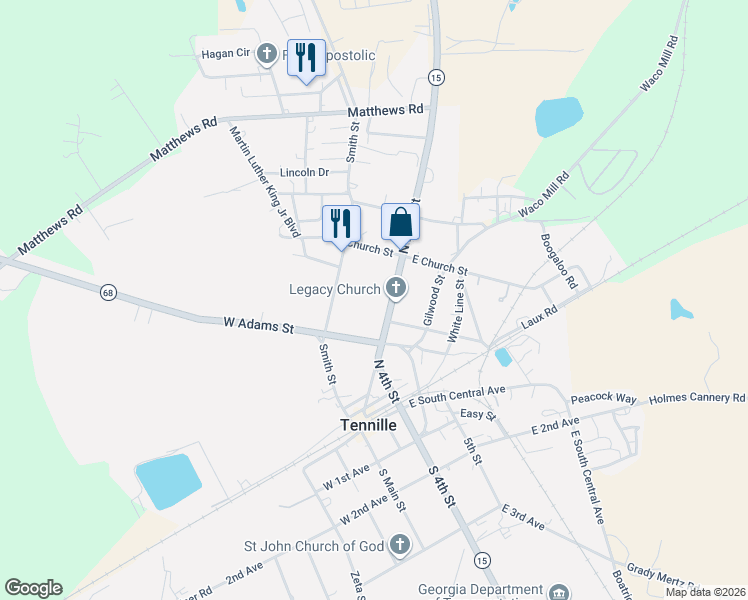 map of restaurants, bars, coffee shops, grocery stores, and more near 114 West Adams Street in Tennille