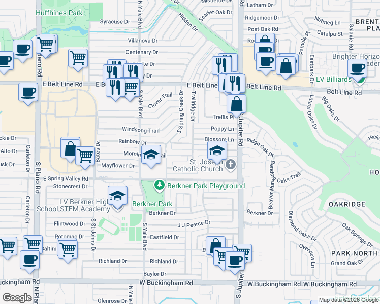 map of restaurants, bars, coffee shops, grocery stores, and more near 506 Trailridge Drive in Richardson