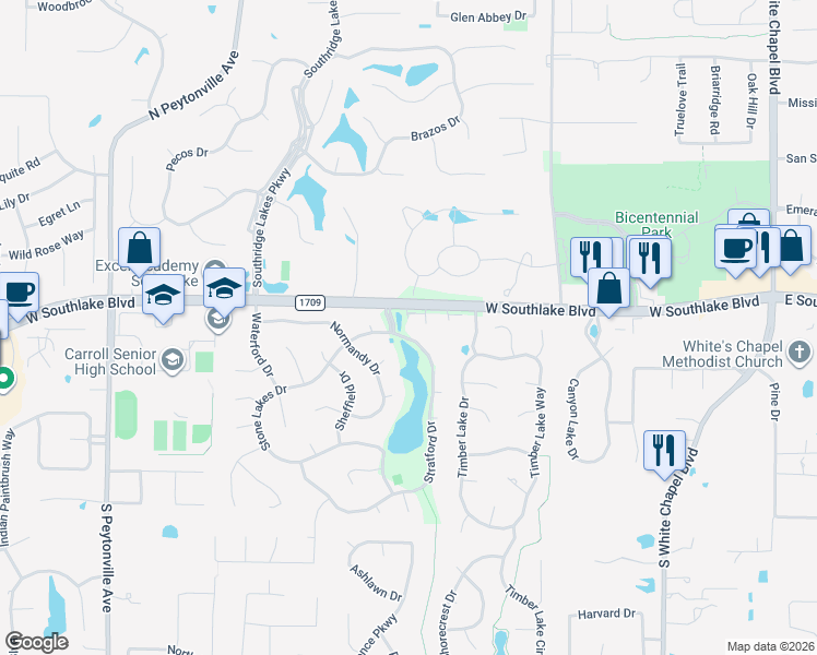 map of restaurants, bars, coffee shops, grocery stores, and more near 916 Stratford Drive in Southlake