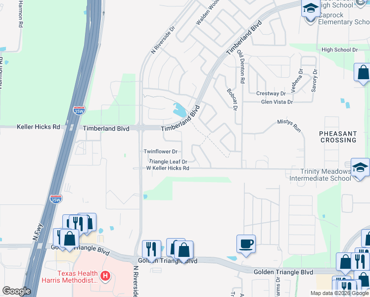 map of restaurants, bars, coffee shops, grocery stores, and more near 2720 Twinflower Drive in Fort Worth
