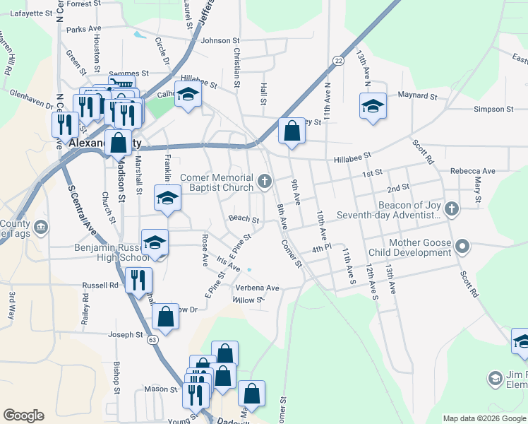 map of restaurants, bars, coffee shops, grocery stores, and more near 324 East Church Street in Alexander City