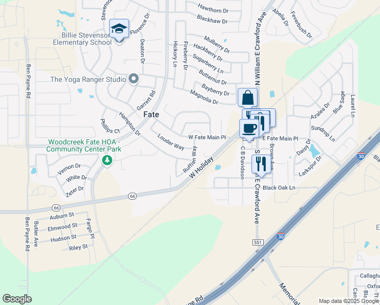 map of restaurants, bars, coffee shops, grocery stores, and more near 573 Louder Way in Rockwall