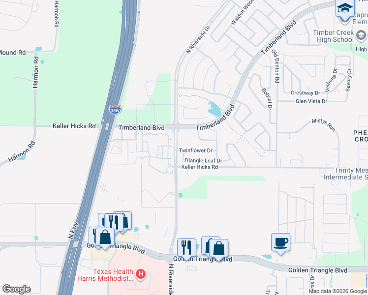 map of restaurants, bars, coffee shops, grocery stores, and more near 2609 Twinflower Drive in Fort Worth