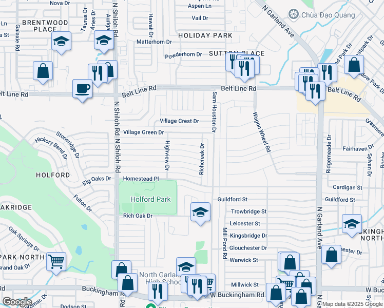 map of restaurants, bars, coffee shops, grocery stores, and more near 2106 Richbrook Drive in Garland